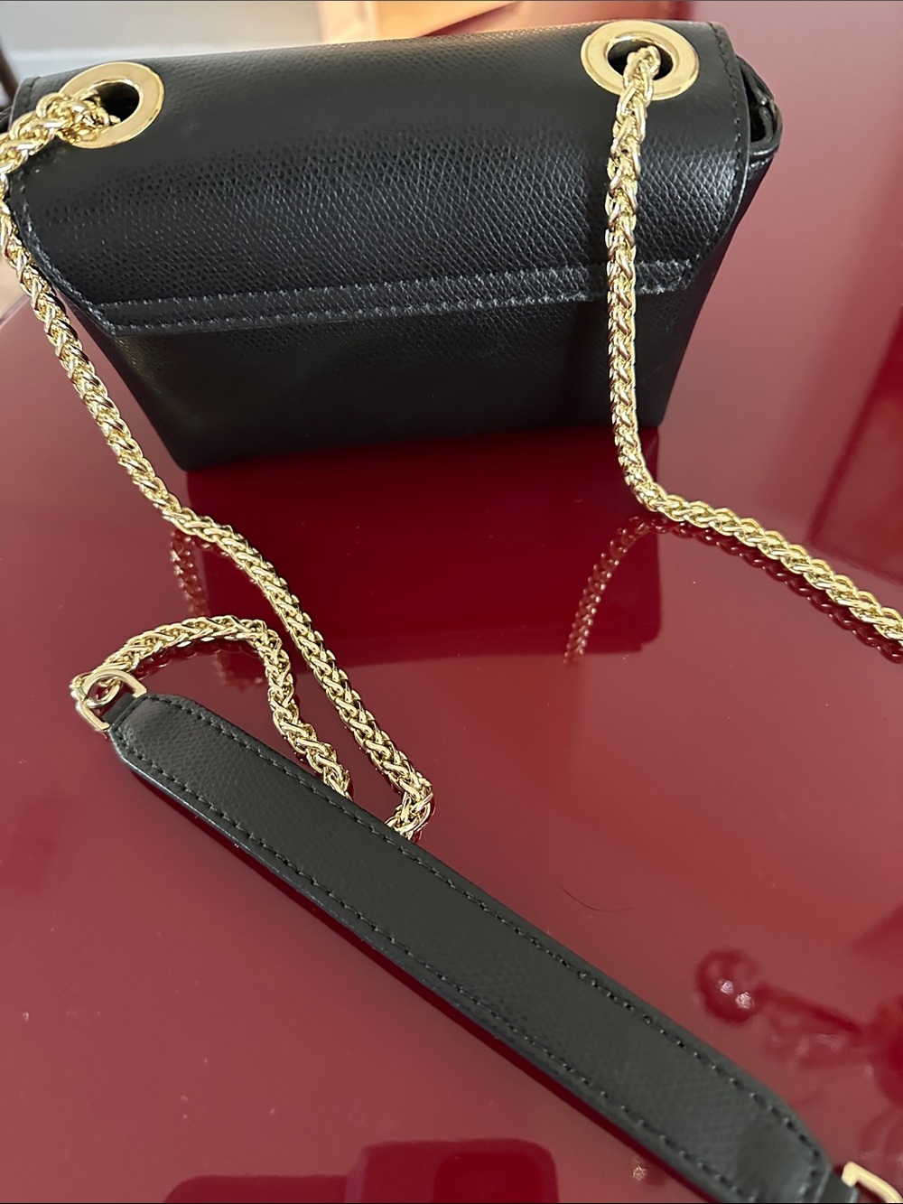 Valentino Authentic Black Leather Crossbody with Gold-Tone Chain and Logo - Picture 2 of 3